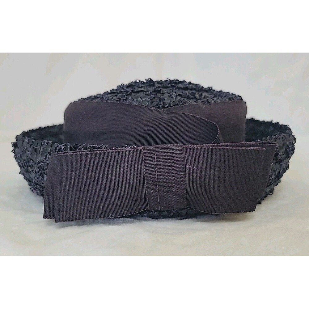RARE Vintage Janyth Roy UNION MADE Navy Blue Ribbon Bow Raffia Vintage 40s Hat